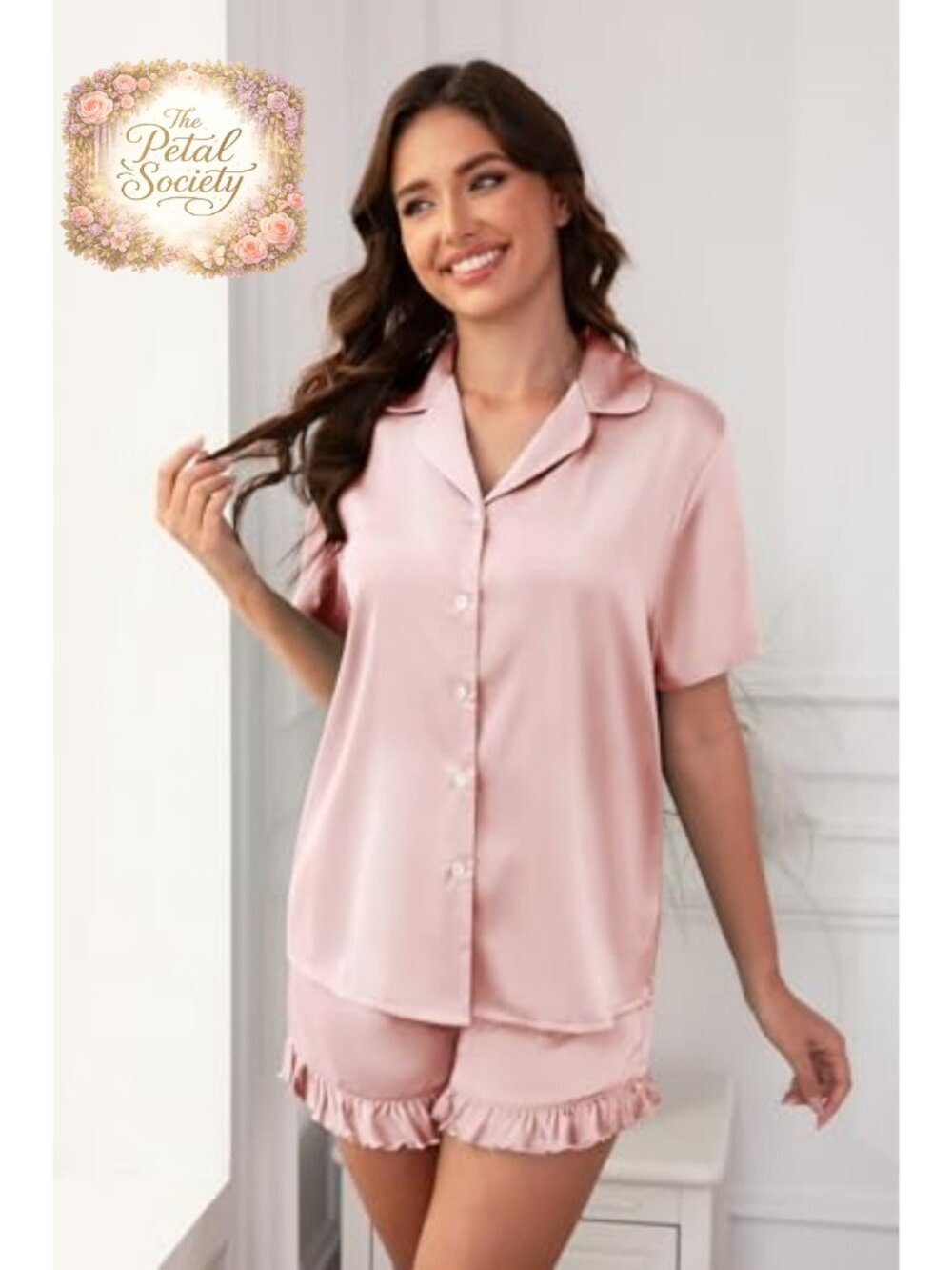 Satin Pajama Set Womens Short Sleeve Button Down 2 Piece Sleepwear Lounge - Picture 5 of 6